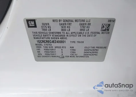 2014 Chevrolet Silverado 1500 1Lt из США, поврежденный, VIN 1GCRCREC4EZ400801